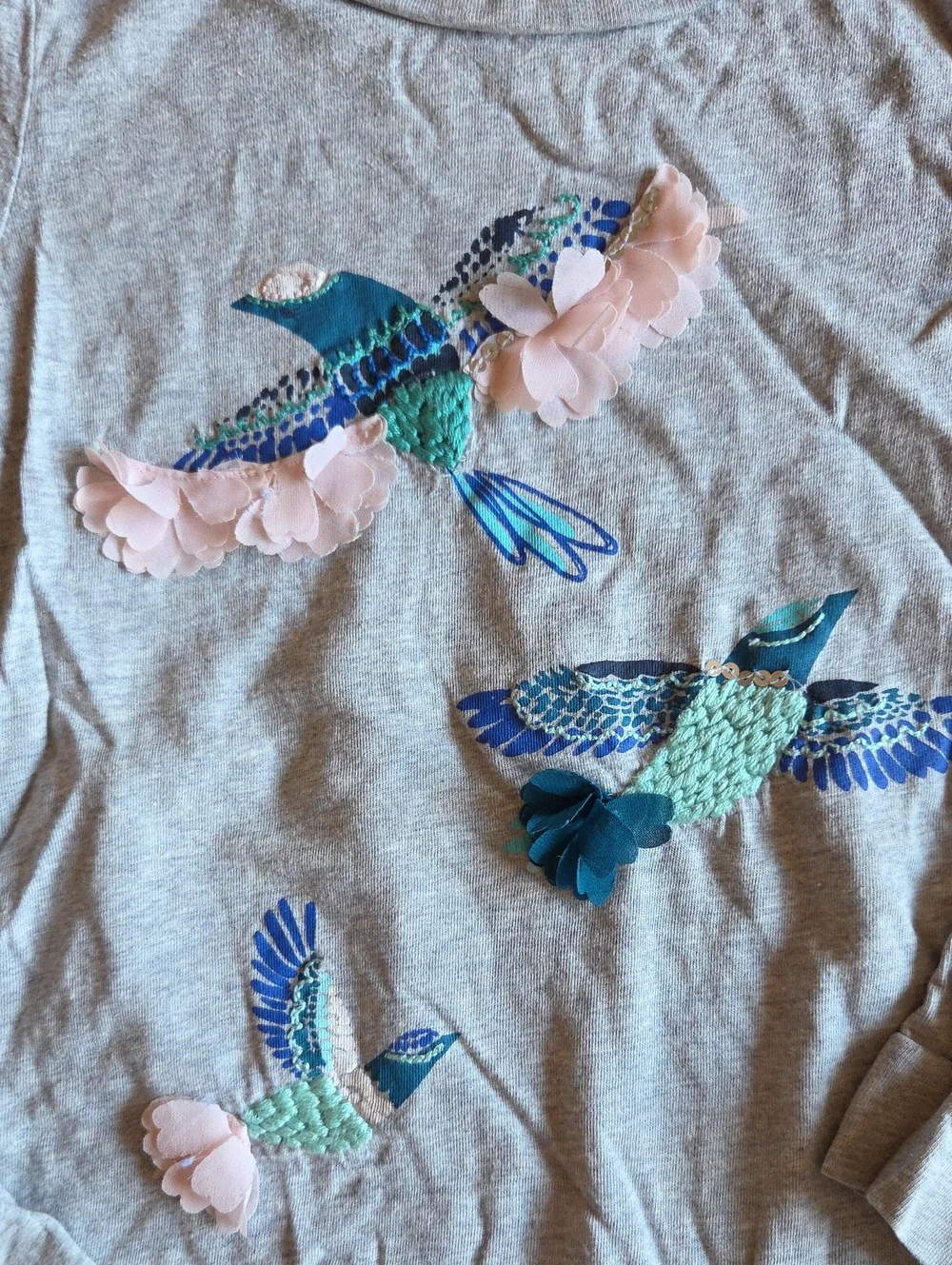 Gymboree Grey Long-Sleeve Top with Embroidered Birds